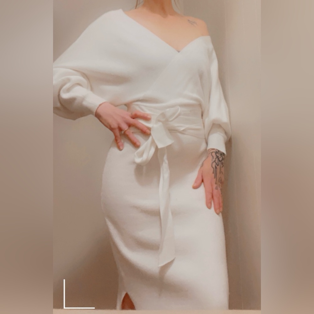 V-Neck Batwing Long Sleeve Wrap Knitted Backless Sexy Bodycon Pullover Dress